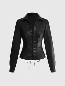 ACID BLVD Autumn/Winter Y2K Punk Hot Girl Deep V-Neck Lace-Up Napoleon PU Slim Fit Long Sleeve Shirt Top - Black - View 2