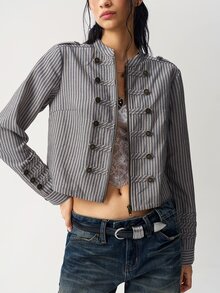 Bohemela 女款時尚雙排扣條紋短版夾克 日常穿著 藍白配色 秋季復古優雅 80年代 90年代 辦公室風 - 黑與白 - 查看 8