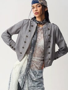 Bohemela 女款時尚雙排扣條紋短版夾克 日常穿著 藍白配色 秋季復古優雅 80年代 90年代 辦公室風 - 黑與白 - 查看 3