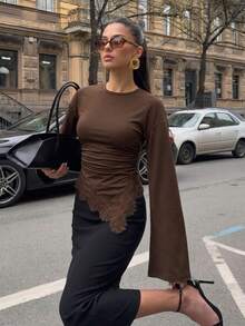Firerie Women's Solid Color Round Neck Dropped Shoulder Long Sleeve Contrast Lace Asymmetrical Hem Elegant Tee Casual Going Out Brunch Coffee Brown Autumn - Brown - View 2