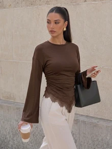 Firerie Women's Solid Color Round Neck Dropped Shoulder Long Sleeve Contrast Lace Asymmetrical Hem Elegant Tee Casual Going Out Brunch Coffee Brown Autumn - Brown - View 6