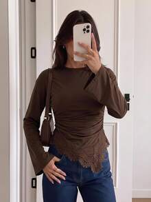 Firerie Women's Solid Color Round Neck Dropped Shoulder Long Sleeve Contrast Lace Asymmetrical Hem Elegant Tee Casual Going Out Brunch Coffee Brown Autumn - Brown - View 7