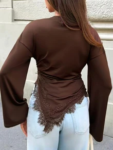 Firerie Women's Solid Color Round Neck Dropped Shoulder Long Sleeve Contrast Lace Asymmetrical Hem Elegant Tee Casual Going Out Brunch Coffee Brown Autumn - Brown - View 3