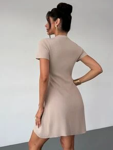 Firerie Vestido de punto de línea A de manga corta color canela, elegante minimalista casual formal oficina brunch diario negocios básico francés festival - Albaricoque - Ver 3