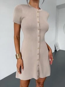 Firerie Vestido de punto de línea A de manga corta color canela, elegante minimalista casual formal oficina brunch diario negocios básico francés festival - Albaricoque - Ver 9
