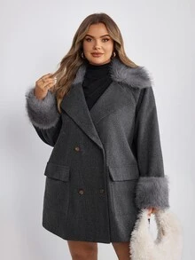 SHEIN CURVE+ جاكيت نسائي كاجوال مقاس كبير 8XL~10XL بتصميم رقعات من الفرو الصناعي للخريف/الشتاء - رمادي غامق - مشاهدة 4