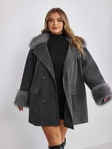 SHEIN CURVE+ جاكيت نسائي كاجوال مقاس كبير 8XL~10XL بتصميم رقعات من الفرو الصناعي للخريف/الشتاء - رمادي غامق - مشاهدة 3