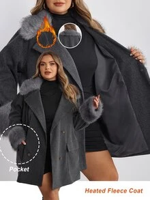 SHEIN CURVE+ جاكيت نسائي كاجوال مقاس كبير 8XL~10XL بتصميم رقعات من الفرو الصناعي للخريف/الشتاء - رمادي غامق - مشاهدة 1