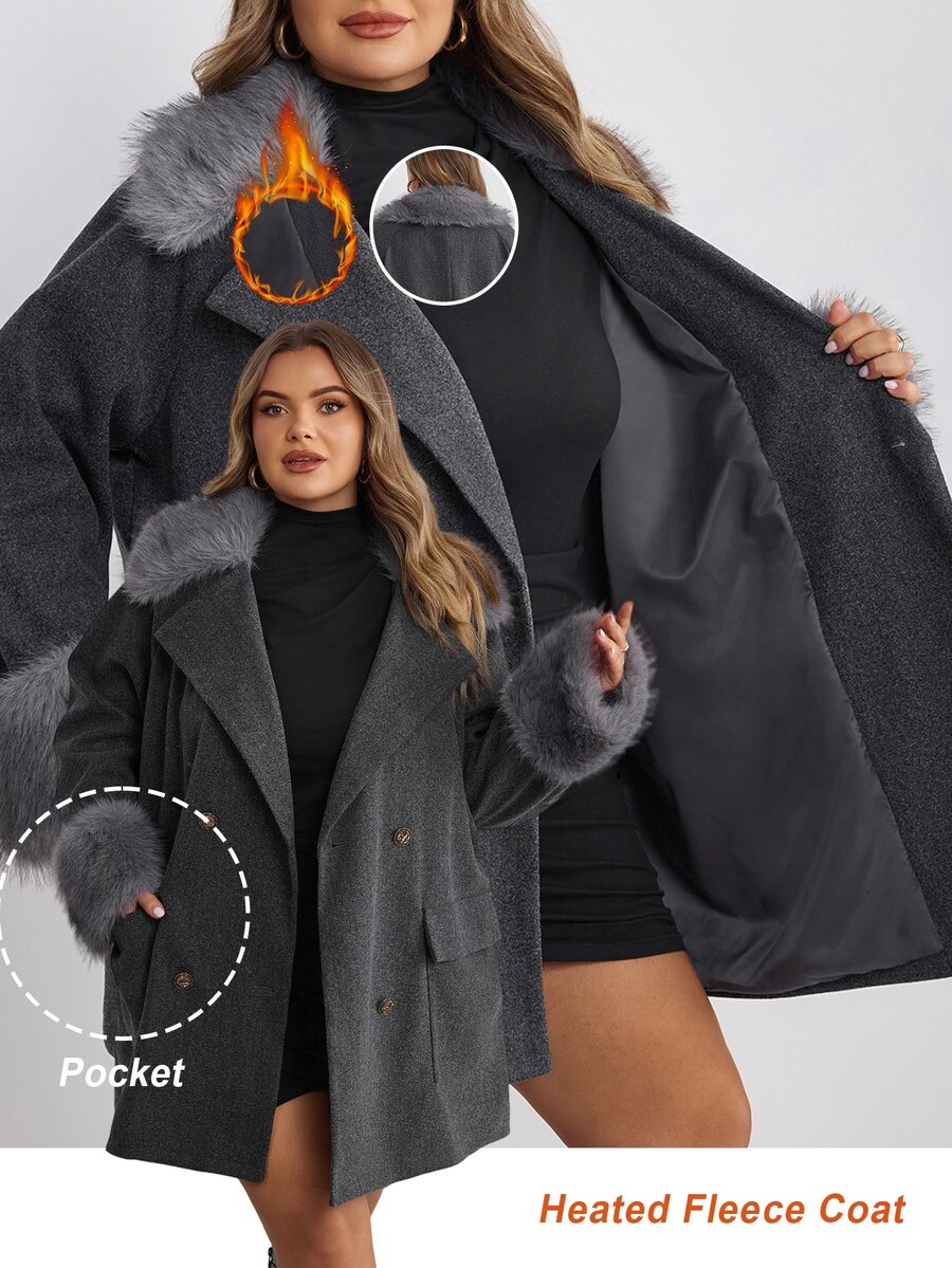 SHEIN CURVE+ جاكيت نسائي كاجوال مقاس كبير 8XL~10XL بتصميم رقعات من الفرو الصناعي للخريف/الشتاء - رمادي غامق - مشاهدة 1