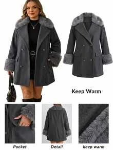 SHEIN CURVE+ جاكيت نسائي كاجوال مقاس كبير 8XL~10XL بتصميم رقعات من الفرو الصناعي للخريف/الشتاء - رمادي غامق - مشاهدة 6