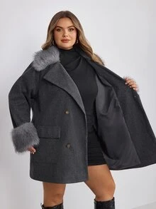 SHEIN CURVE+ جاكيت نسائي كاجوال مقاس كبير 8XL~10XL بتصميم رقعات من الفرو الصناعي للخريف/الشتاء - رمادي غامق - مشاهدة 5