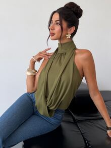 Firerie Olive Green Sleeveless Top Elegant Sexy Casual Vacation Formal Brunch Business French Going Out Night Out Date Night Ceremony Autumn Summer - Green - View 6