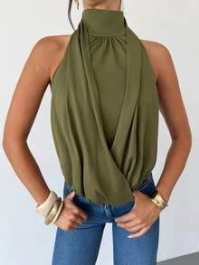 Firerie Olive Green Sleeveless Top Elegant Sexy Casual Vacation Formal Brunch Business French Going Out Night Out Date Night Ceremony Autumn Summer - Green - View 4