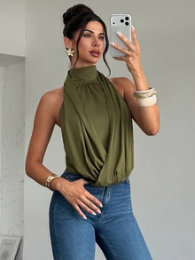 Firerie Olive Green Sleeveless Top Elegant Sexy Casual Vacation Formal Brunch Business French Going Out Night Out Date Night Ceremony Autumn Summer - Green - View 5