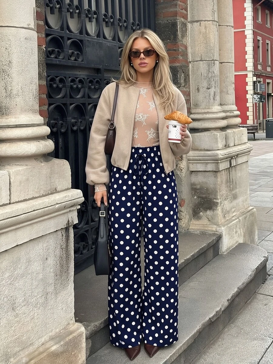 Pariaura Women's Blue Polka Dot Drawstring Waist Casual Boho Versatile Daily Wear Long Pants Vacation Beach Autumn - Navy Blue - View 1