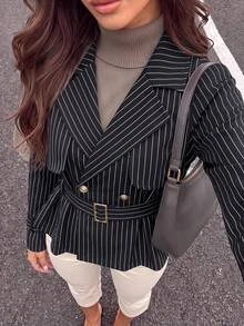 Firerie 黑白條紋外套 辦公穿搭 教師休閒 法式優雅 外出穿搭 秋季 - 黑色 - 查看 7