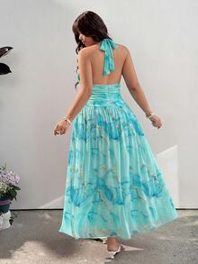 GalTyme Plus Size Summer Sexy Romantic Casual Elegant Marble Print Backless Halter Neck Dress Vacation Evening Wedding Guest Tea Party Formal Sky Blue - Teal Blue - View 8