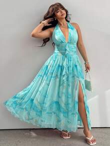 GalTyme Plus Size Summer Sexy Romantic Casual Elegant Marble Print Backless Halter Neck Dress Vacation Evening Wedding Guest Tea Party Formal Sky Blue - Teal Blue - View 5