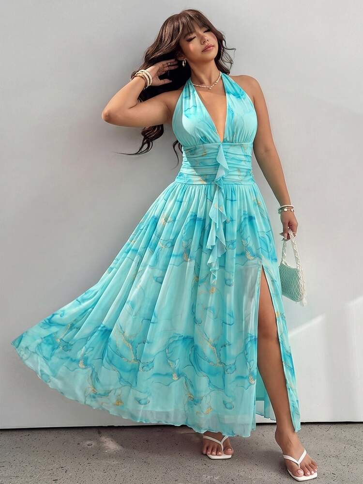 GalTyme Plus Size Summer Sexy Romantic Casual Elegant Marble Print Backless Halter Neck Dress Vacation Evening Wedding Guest Tea Party Formal Sky Blue - Teal Blue - View 5