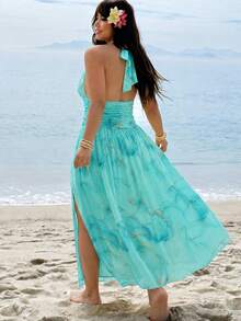 GalTyme Plus Size Summer Sexy Romantic Casual Elegant Marble Print Backless Halter Neck Dress Vacation Evening Wedding Guest Tea Party Formal Sky Blue - Teal Blue - View 6