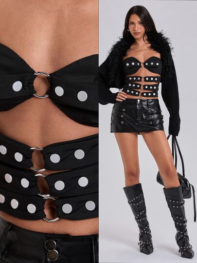 Top bandeau ajusté sexy Y2K pour femme, avec rivets, décor feuille d'aluminium et découpe ajourée à l'avant