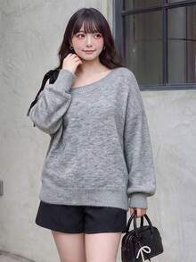 Bijouette Plus Size Women's Colorblock Shoulder Knot Long Sleeve Pullover Sweater - Grey - View 4