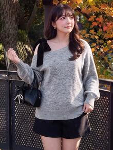 Bijouette Plus Size Women's Colorblock Shoulder Knot Long Sleeve Pullover Sweater - Grey - View 5