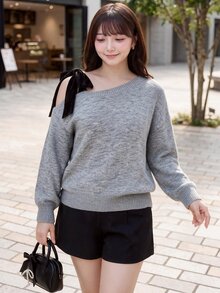Bijouette Plus Size Women's Colorblock Shoulder Knot Long Sleeve Pullover Sweater - Grey - View 2