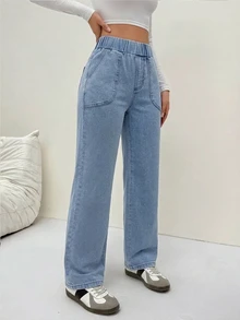 Flexra Brushed Soft Denim Light Blue Washed Elastic Waist Non-Binding Front And Back Pockets Leg-Flattering Sporty Casual Straight Leg Pants Winter - Light Wash - View 5