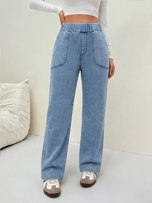 Flexra Brushed Soft Denim Light Blue Washed Elastic Waist Non-Binding Front And Back Pockets Leg-Flattering Sporty Casual Straight Leg Pants Winter - Light Wash - View 6