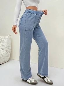 Flexra Brushed Soft Denim Light Blue Washed Elastic Waist Non-Binding Front And Back Pockets Leg-Flattering Sporty Casual Straight Leg Pants Winter - Light Wash - View 7