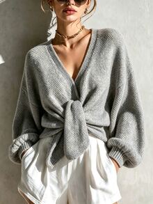 SHEIN Heather Beige Knotted Front Knit Top, Loose Balloon Sleeve Cropped Sweater, Soft Casual V Neck Knitw - Grey - View 3