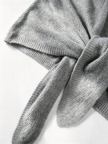SHEIN Heather Beige Knotted Front Knit Top, Loose Balloon Sleeve Cropped Sweater, Soft Casual V Neck Knitw - Grey - View 4