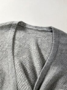 SHEIN Heather Beige Knotted Front Knit Top, Loose Balloon Sleeve Cropped Sweater, Soft Casual V Neck Knitw - Grey - View 7