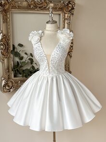Lovelzi Elegant Luxurious White Sequin Embroidered Patchwork Satin Handmade Sequins 3D Floral Decor Deep V-Neck One Shoulder Puff Hem Dress Suitable For Wedding Gift Party - White - View 7