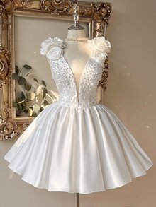 Lovelzi Elegant Luxurious White Sequin Embroidered Patchwork Satin Handmade Sequins 3D Floral Decor Deep V-Neck One Shoulder Puff Hem Dress Suitable For Wedding Gift Party - White - View 1