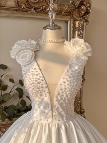 Lovelzi Elegant Luxurious White Sequin Embroidered Patchwork Satin Handmade Sequins 3D Floral Decor Deep V-Neck One Shoulder Puff Hem Dress Suitable For Wedding Gift Party - White - View 2