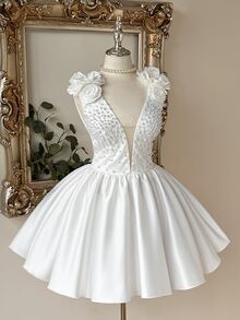 Lovelzi Elegant Luxurious White Sequin Embroidered Patchwork Satin Handmade Sequins 3D Floral Decor Deep V-Neck One Shoulder Puff Hem Dress Suitable For Wedding Gift Party - White - View 5
