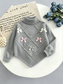 SHEIN Vintaside Kids 女童灰色高領長袖菱格紋毛球蝴蝶結針織套頭毛衣 - 灰色 - 查看 9