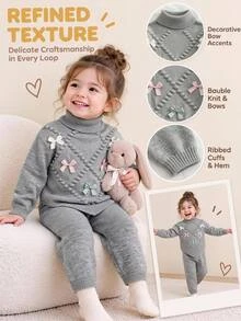 SHEIN Vintaside Kids 女童灰色高領長袖菱格紋毛球蝴蝶結針織套頭毛衣 - 灰色 - 查看 8