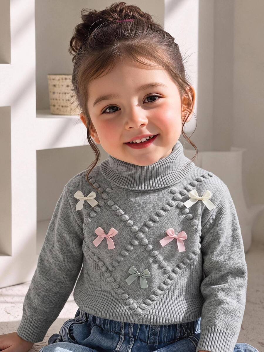 SHEIN Vintaside Kids 女童灰色高領長袖菱格紋毛球蝴蝶結針織套頭毛衣 - 灰色 - 查看 1