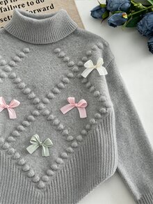 SHEIN Vintaside Kids 女童灰色高領長袖菱格紋毛球蝴蝶結針織套頭毛衣 - 灰色 - 查看 6