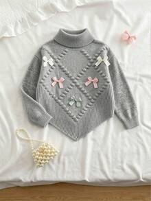SHEIN Vintaside Kids 女童灰色高領長袖菱格紋毛球蝴蝶結針織套頭毛衣 - 灰色 - 查看 3
