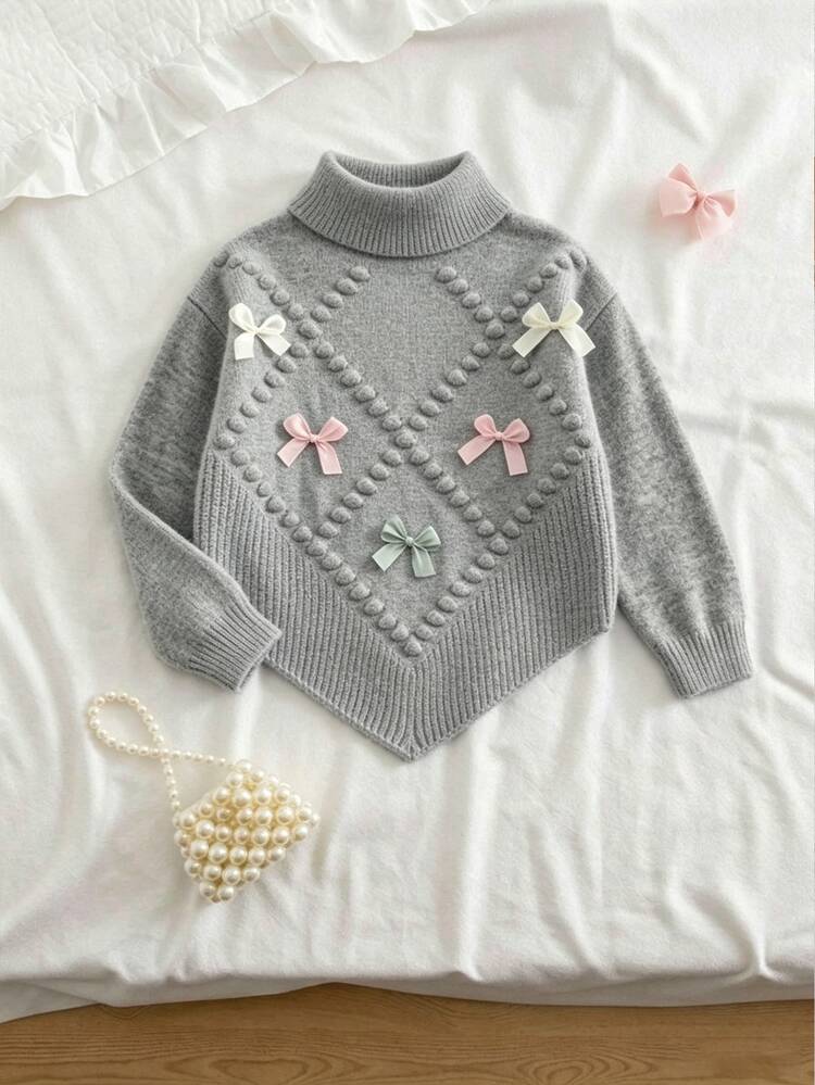 SHEIN Vintaside Kids Young Girl Sweater Grey Turtleneck Long Sleeve Diamond Pom Pom Bow Knit Pullover - Grey - View 3