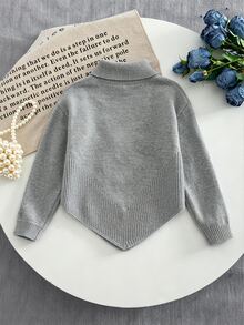 SHEIN Vintaside Kids 女童灰色高領長袖菱格紋毛球蝴蝶結針織套頭毛衣 - 灰色 - 查看 2