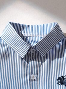 SHEIN 小男孩條紋鈕扣前領襯衫與鬆緊腰長褲 2件組 簡約休閒套裝，適合學校派對與日常穿著 - 藍色 - 查看 10