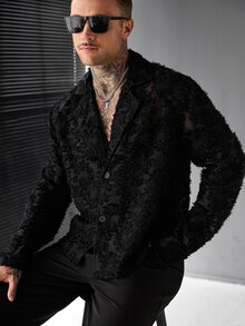 SLATEMANN Men's Long Sleeve Black Cut-Out Shacket - Black - View 4