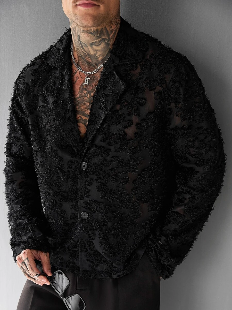 SLATEMANN Men's Long Sleeve Black Cut-Out Shacket - Black - View 1