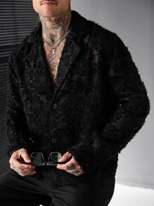 SLATEMANN Men's Long Sleeve Black Cut-Out Shacket - Black - View 6