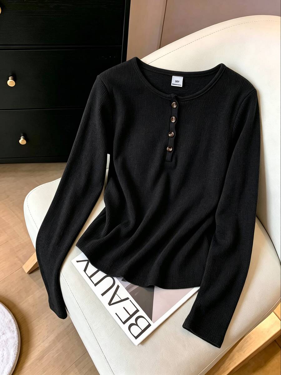 SHEIN Girls' Short Sleeve Casual All-Match All-Match INS Comfortable Loose Versatile Polo Black T-Shirt, Fall Tops, Graphic, Long Sleeve School Gray White - Black - View 1